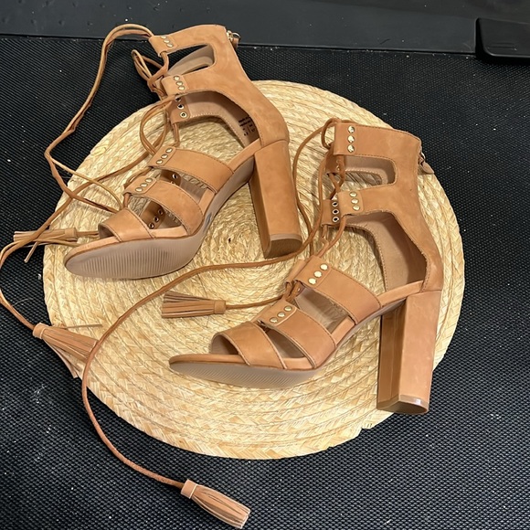 Aldo Cognac Brown Leather Suede Gladiator Heel Sandals Size 6.5 - Picture 15 of 16